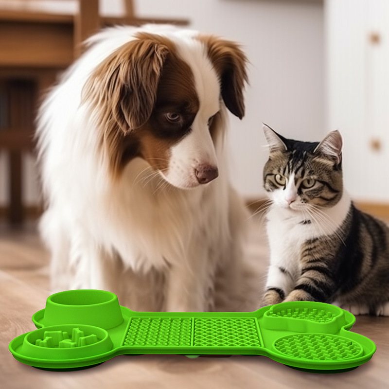 Un chien et un chat curieux devant le tapis de léchage Sérénimal